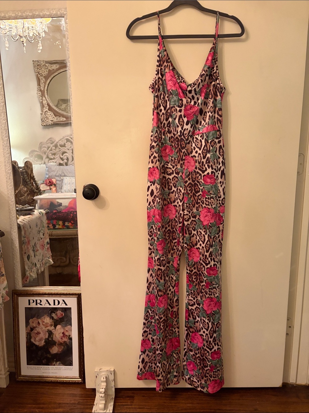SHEIN Pink Floral Leopard Print Spaghetti-Strap Jumpsuit